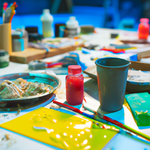 חומרי צבע וכלים שונים מסודרים בקפידה על שולחן
